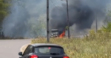 Caminhão-tanque é destruído por incêndio na AM-010 e fogo atinge área de mata; VÍDEO